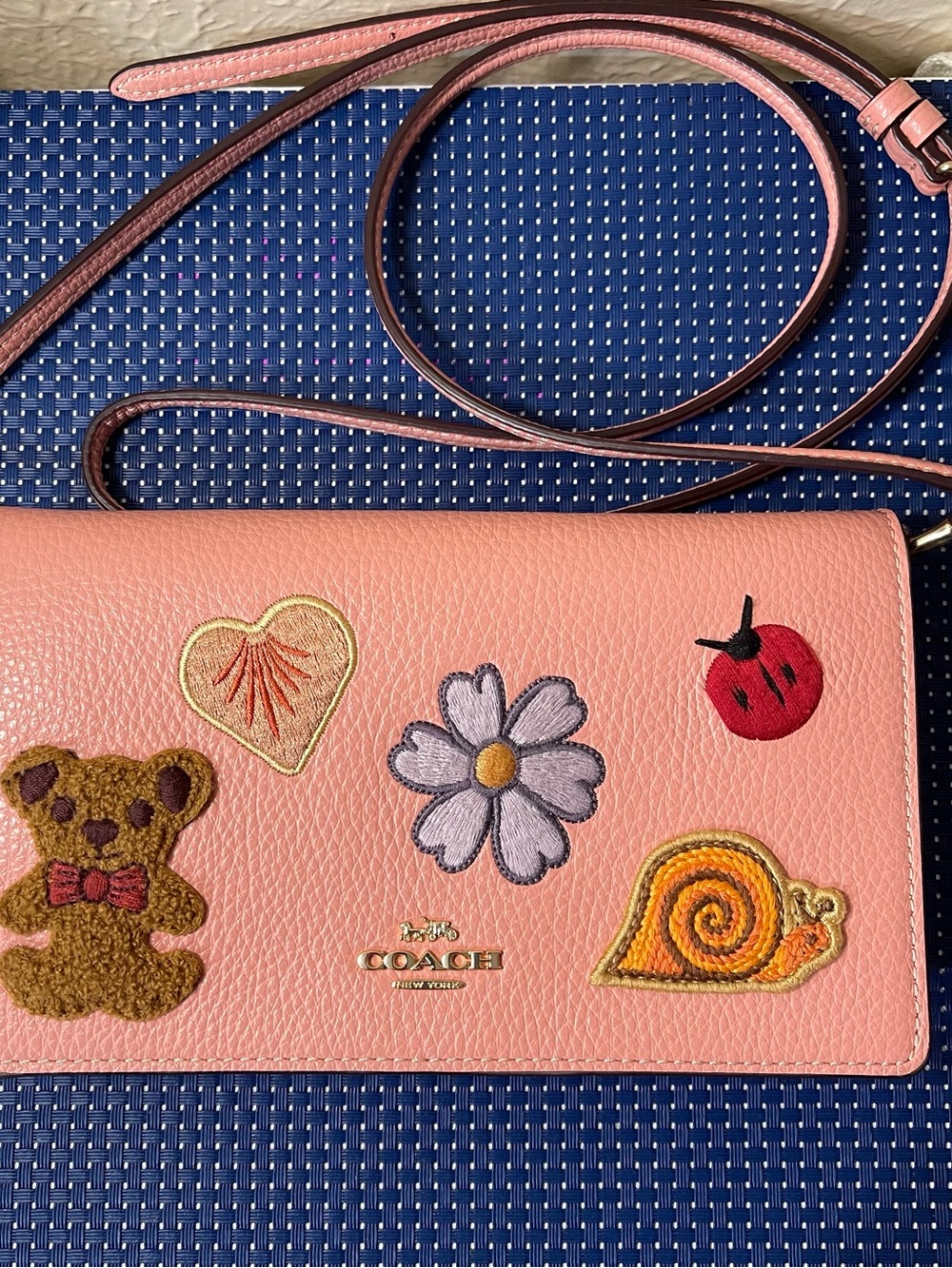 Coach Pink Crossbody Wallet with Playful Patches